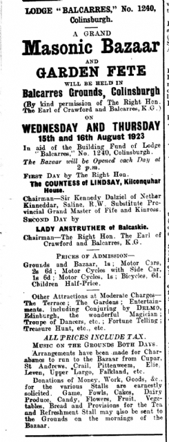 Masonic Bazaar Advertisement in the St. Andrews Citizen 11th August 1923